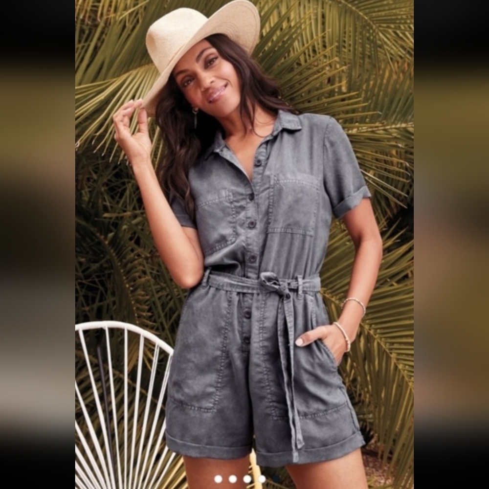 CLOTH & STONE Rolled Hem Utility Romper, Soft Tencel, Ash Gray, Size LARGE